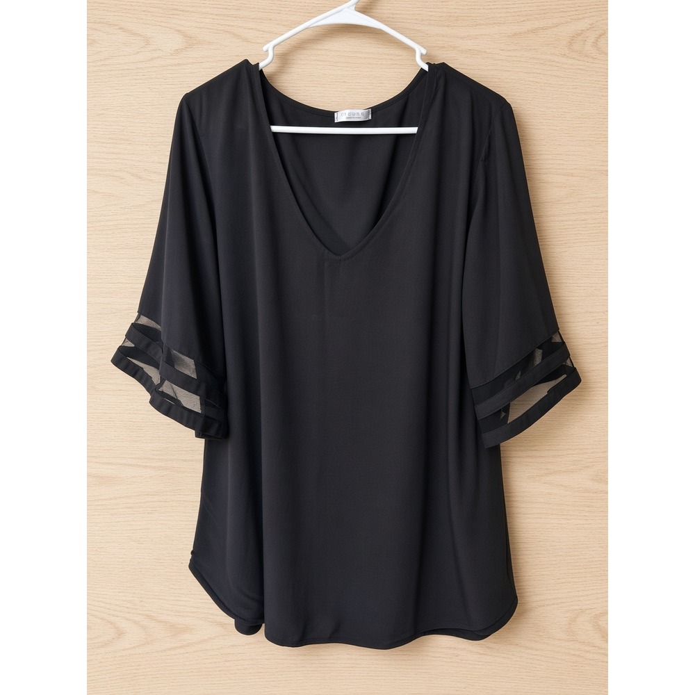 Ekouaer Black V-Neck Blouse 3/4 Bell Sleeve Sheer Mesh Stripe XL